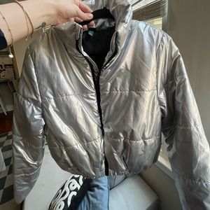 Metallic silver puffer jacket